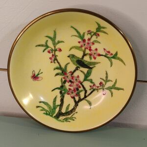 Japanese Vintage Porcelain Hand Painted Bird & Floral Yellow   Bowl, Hong Kong